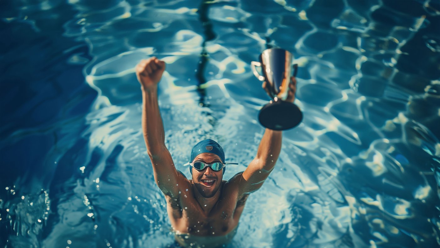 Swimmer holding a trophy beside a pool